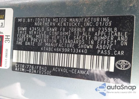 2009 Toyota Camry Le z USA, uszkodzony, nr VIN 4T4BE46K99R133440